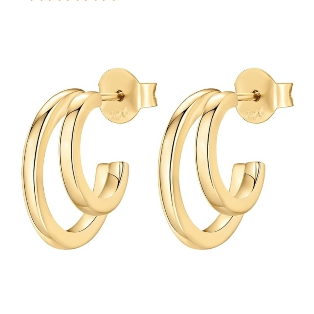 14K Gold Plated Huggie Triple Split Hoop Earrings - Picture 2 of 6